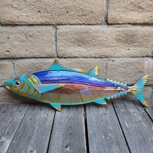 28" Tuna Metal Art Wall/Fence Sculpture With Metal and Glass